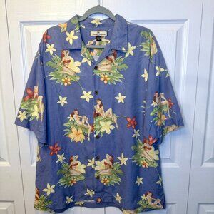 Tommy Bahama Silk Aloha Shirt L Blue Floral Pin-Up Girls Vintage